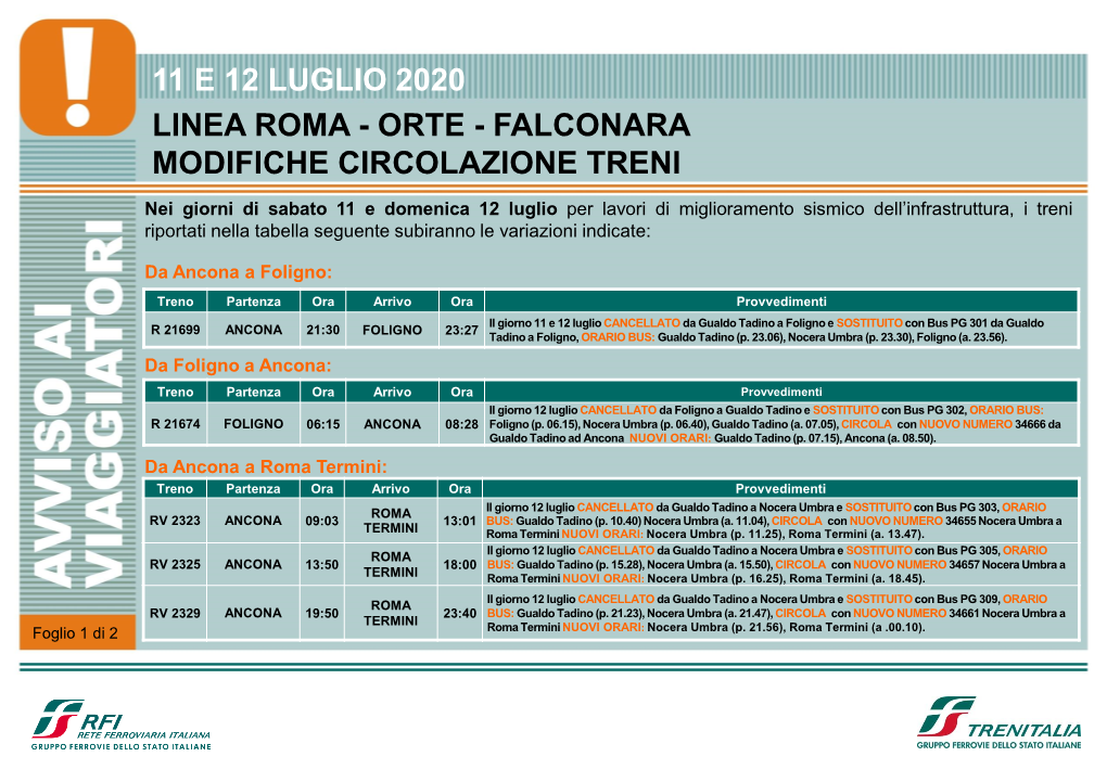 11 E 12 Luglio 2020 Linea Roma - Orte - Falconara Modifiche Circolazione Treni