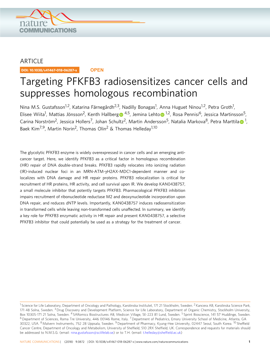 Targeting PFKFB3 Radiosensitizes Cancer Cells and Suppresses Homologous Recombination