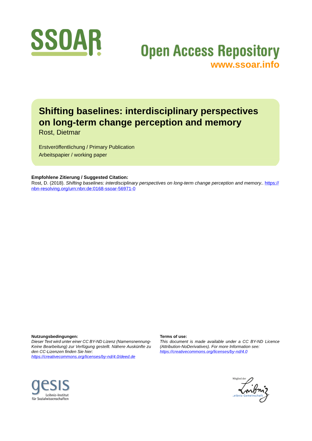 Shifting Baselines: Interdisciplinary Perspectives on Long-Term Change Perception and Memory Rost, Dietmar