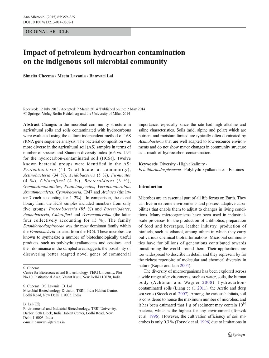 Impact of Petroleum Hydrocarbon Contamination on the Indigenous Soil Microbial Community