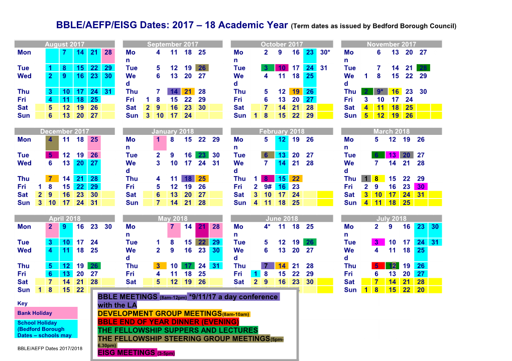 BBLE/AEFP/EISG Dates: 2017 18 Academic Year (Term Dates As Issued by Bedford Borough Council)