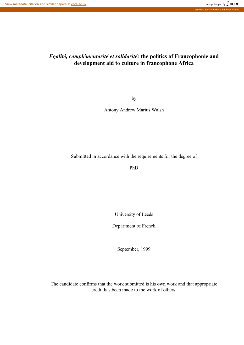 The Politics of Francophonie and Development Aid to Culture in Francophone Africa