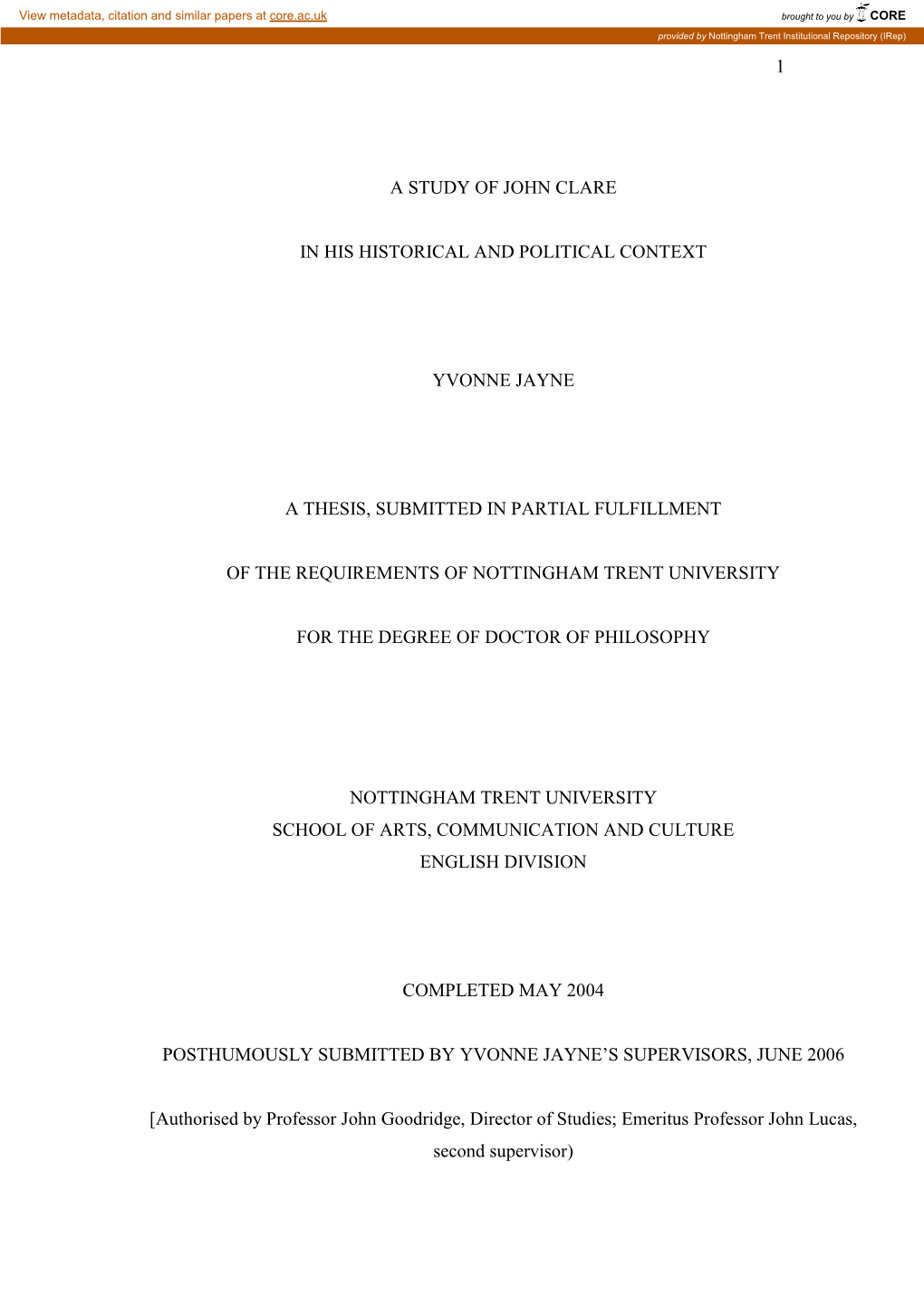 A Study of John Clare in His Historical and Political