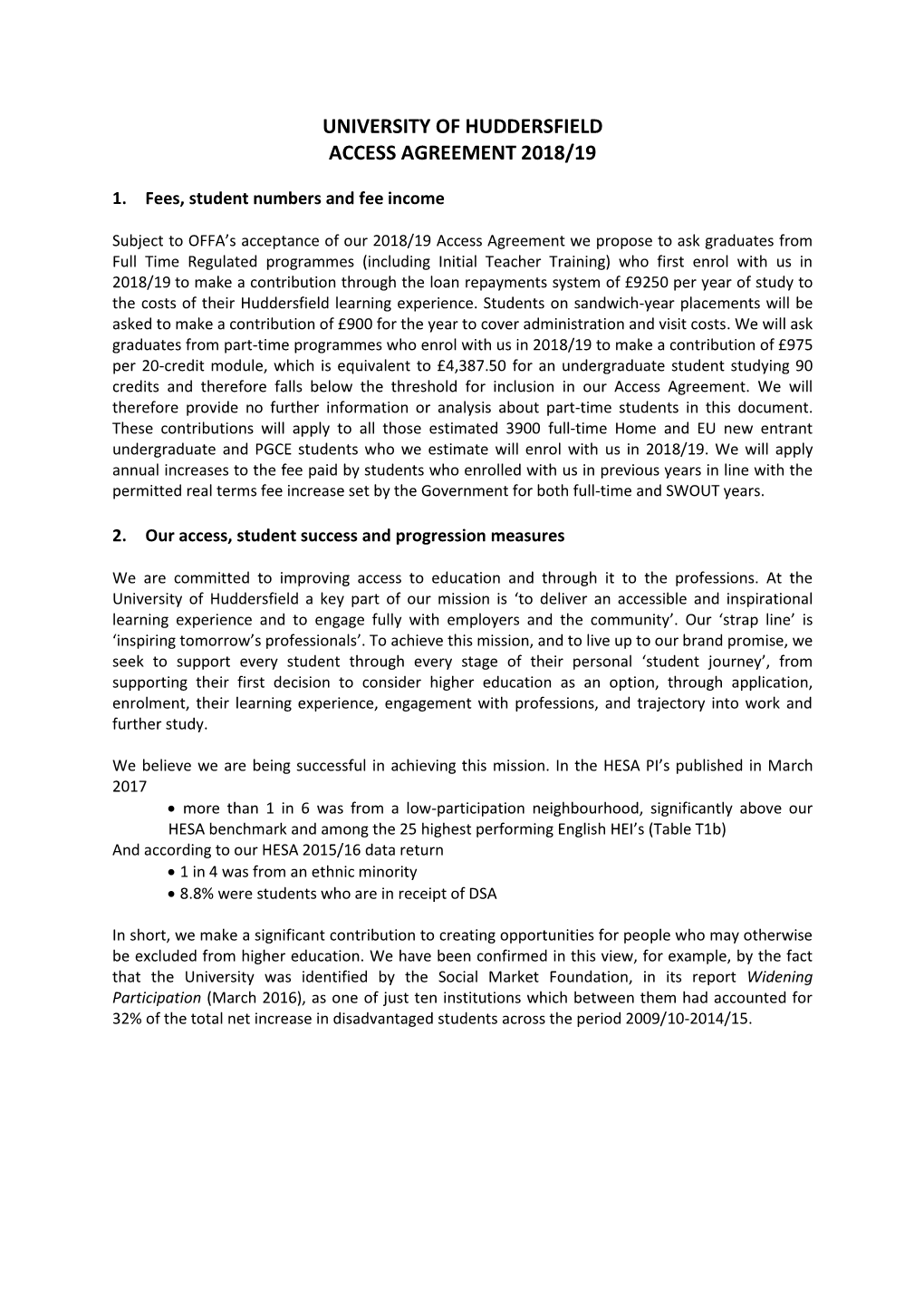 University of Huddersfield Access Agreement 2018/19