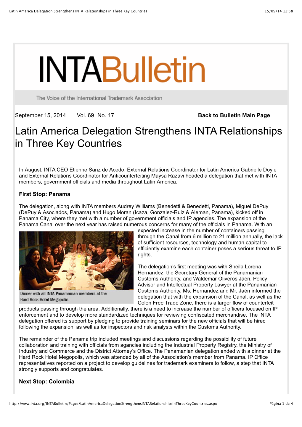 Latin America Delegation Strengthens INTA Relationships in Three Key Countries 15/09/14 12:58