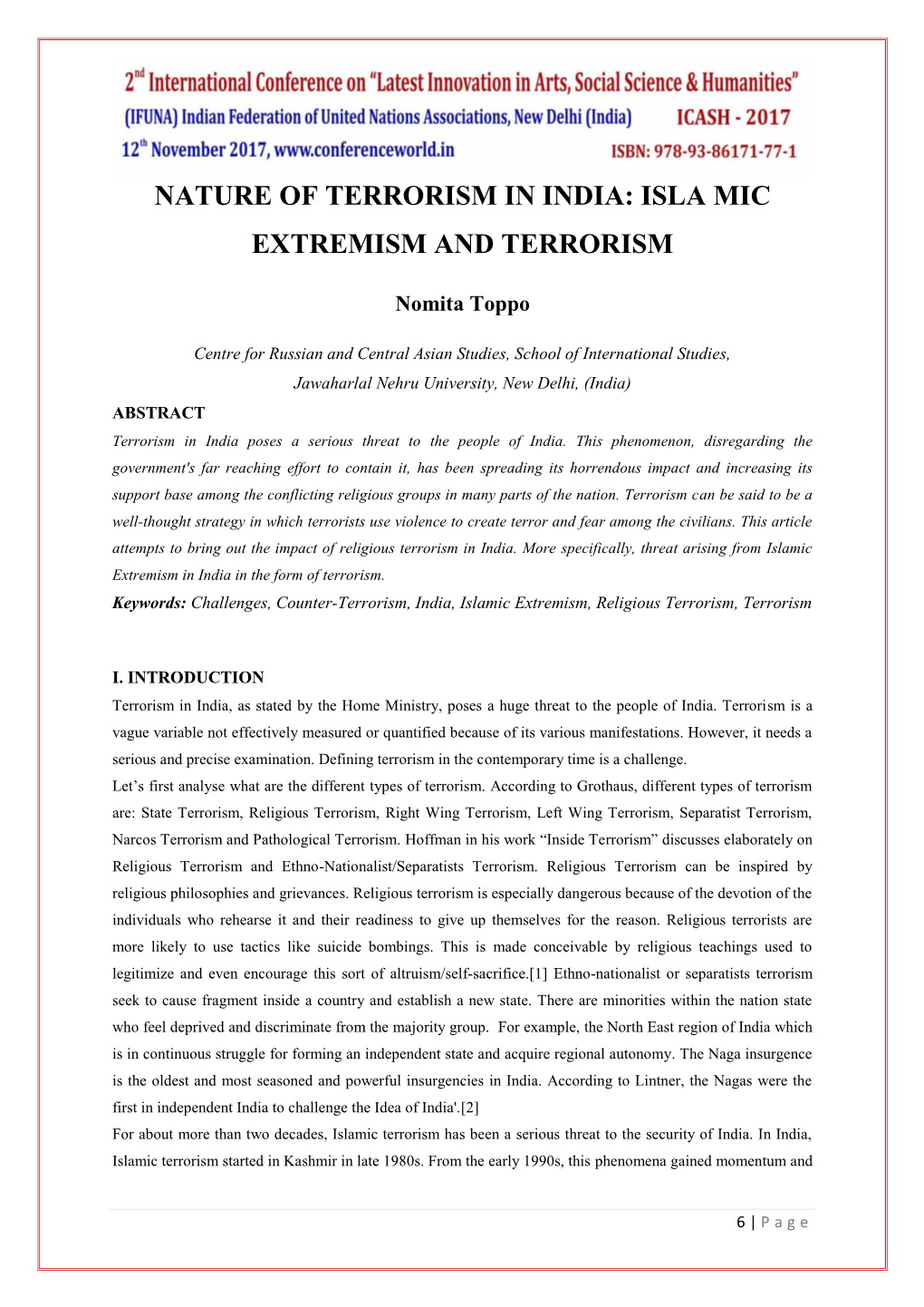 Nature of Terrorism in India: Isla Mic Extremism and Terrorism