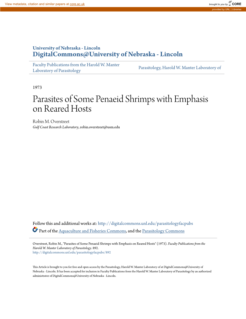 Parasites of Some Penaeid Shrimps with Emphasis on Reared Hosts Robin M