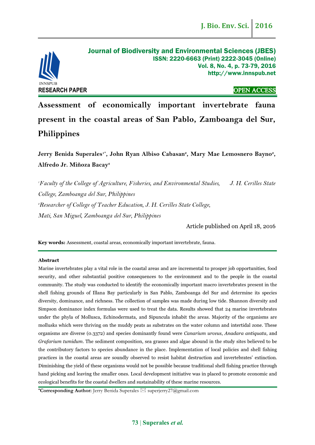Assessment of Economically Important Invertebrate Fauna Present in the Coastal Areas of San Pablo, Zamboanga Del Sur, Philippines