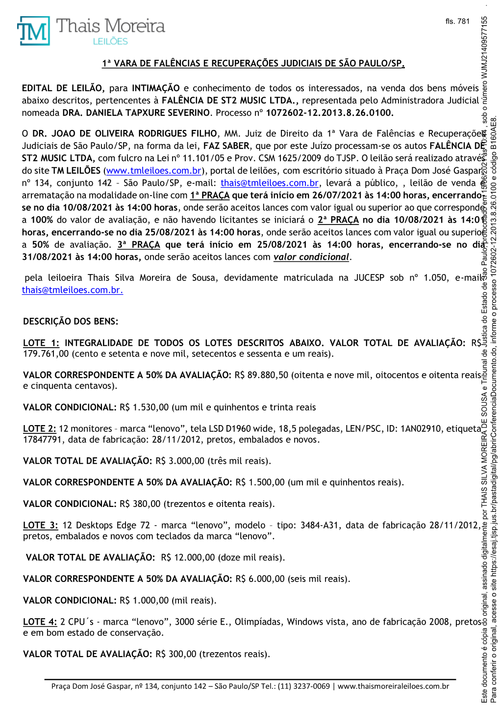 1ª Vara De Falências E Recuperações Judiciais De São Paulo/Sp