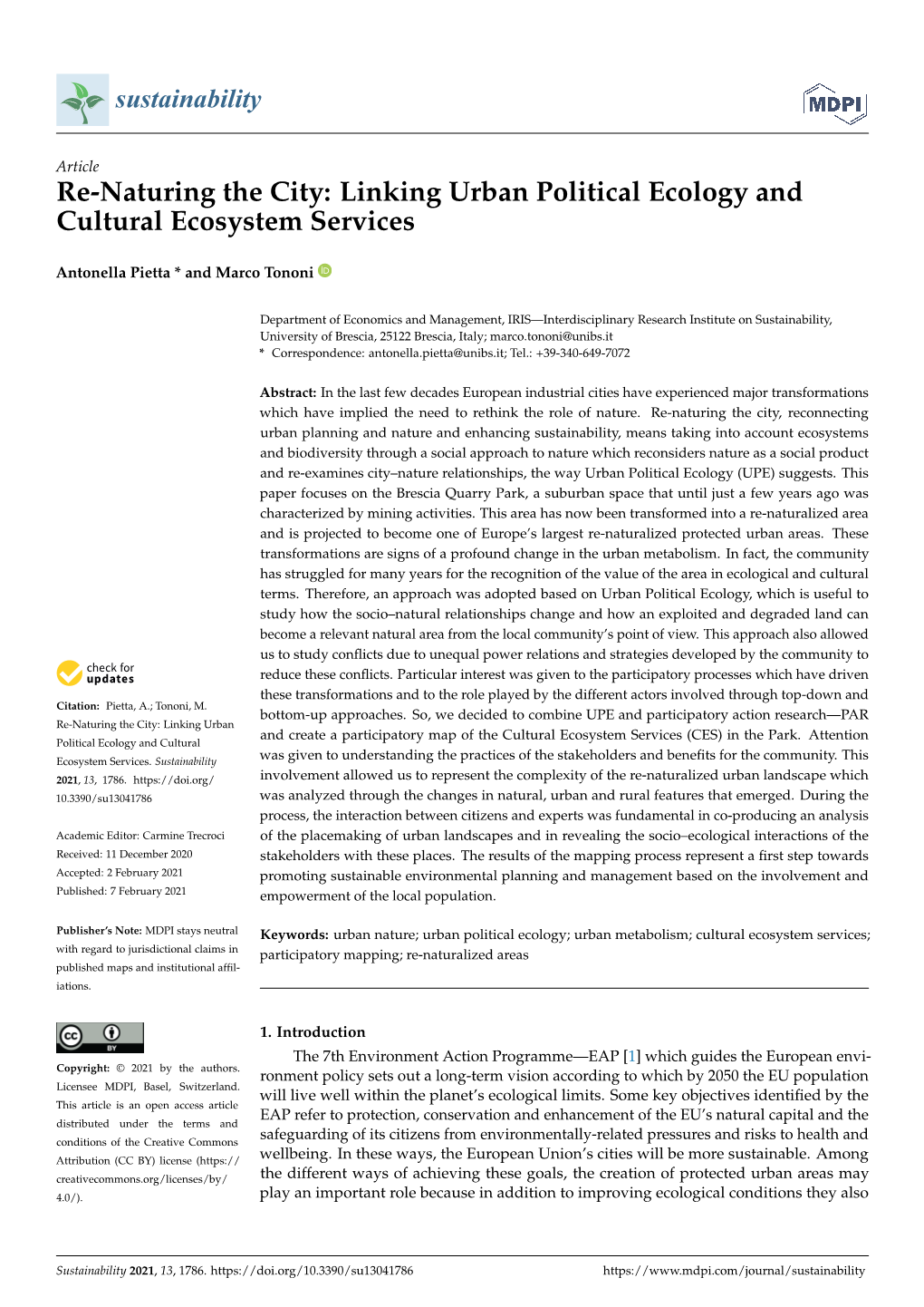 Linking Urban Political Ecology and Cultural Ecosystem Services