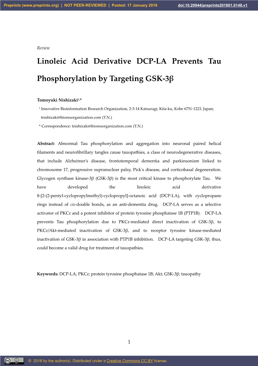 Linoleic Acid Derivative DCP-LA Prevents Tau Phosphorylation By