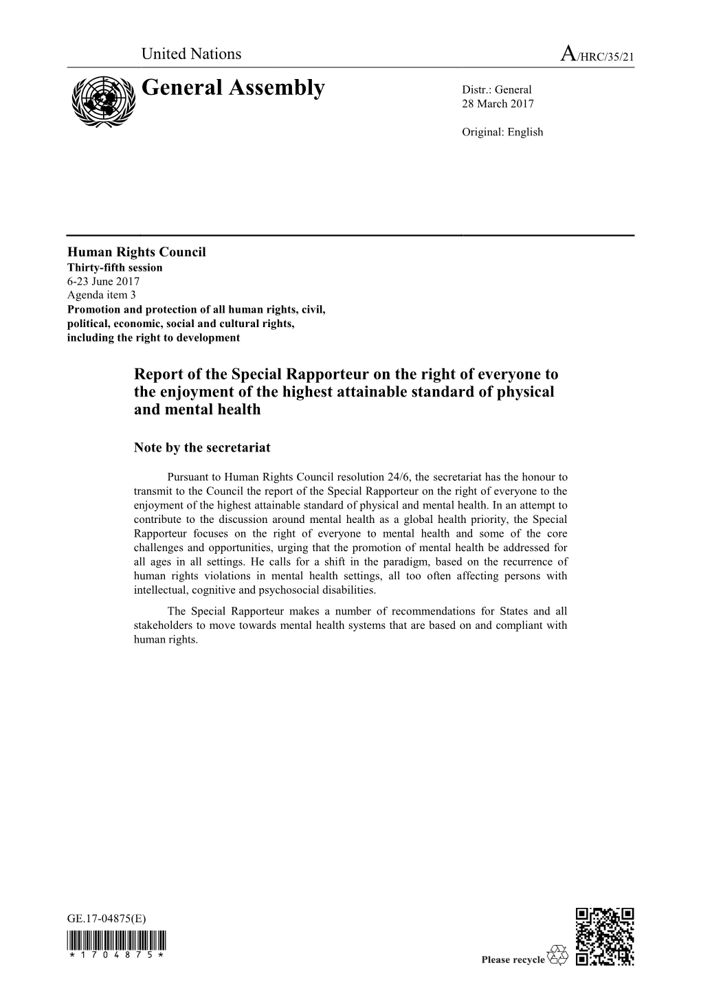 Report of the Special Rapporteur on the Right of Everyone to the Enjoyment of the Highest Attainable Standard of Physical and Mental Health