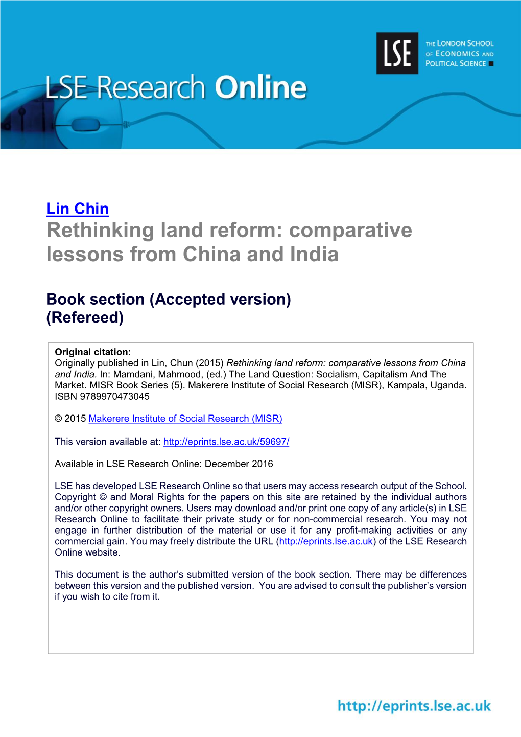 Rethinking Land Reform: Comparative Lessons from China and India