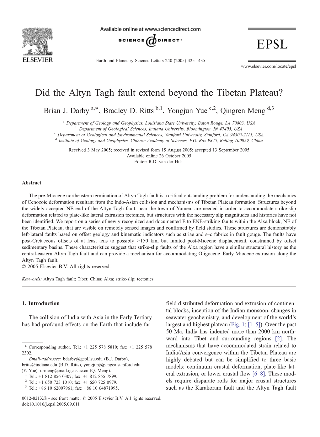 Did the Altyn Tagh Fault Extend Beyond the Tibetan Plateau?