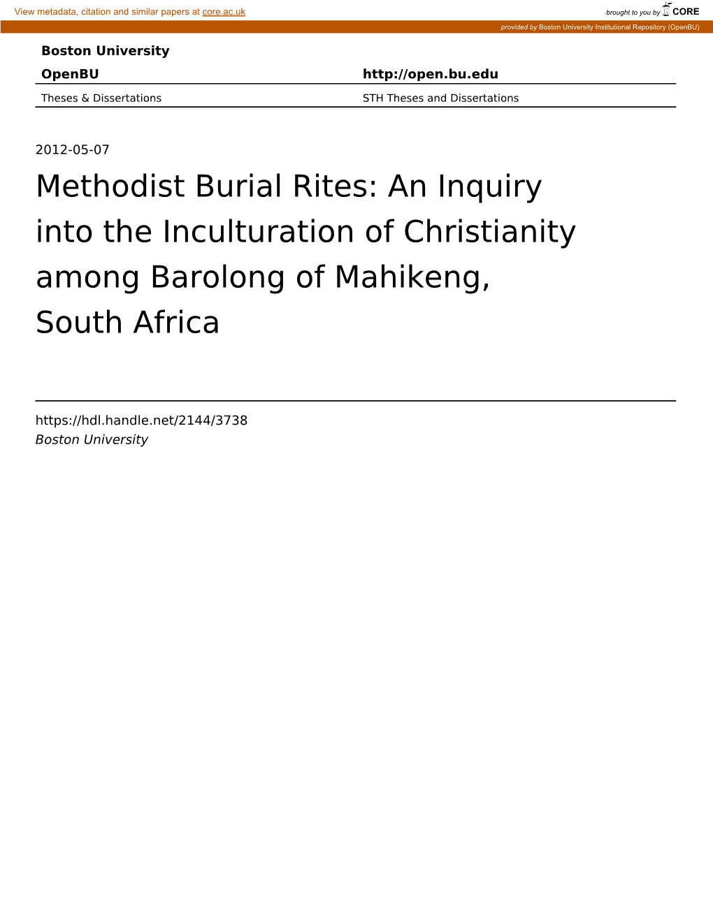 Methodist Burial Rites: an Inquiry Into the Inculturation of Christianity Among Barolong of Mahikeng, South Africa