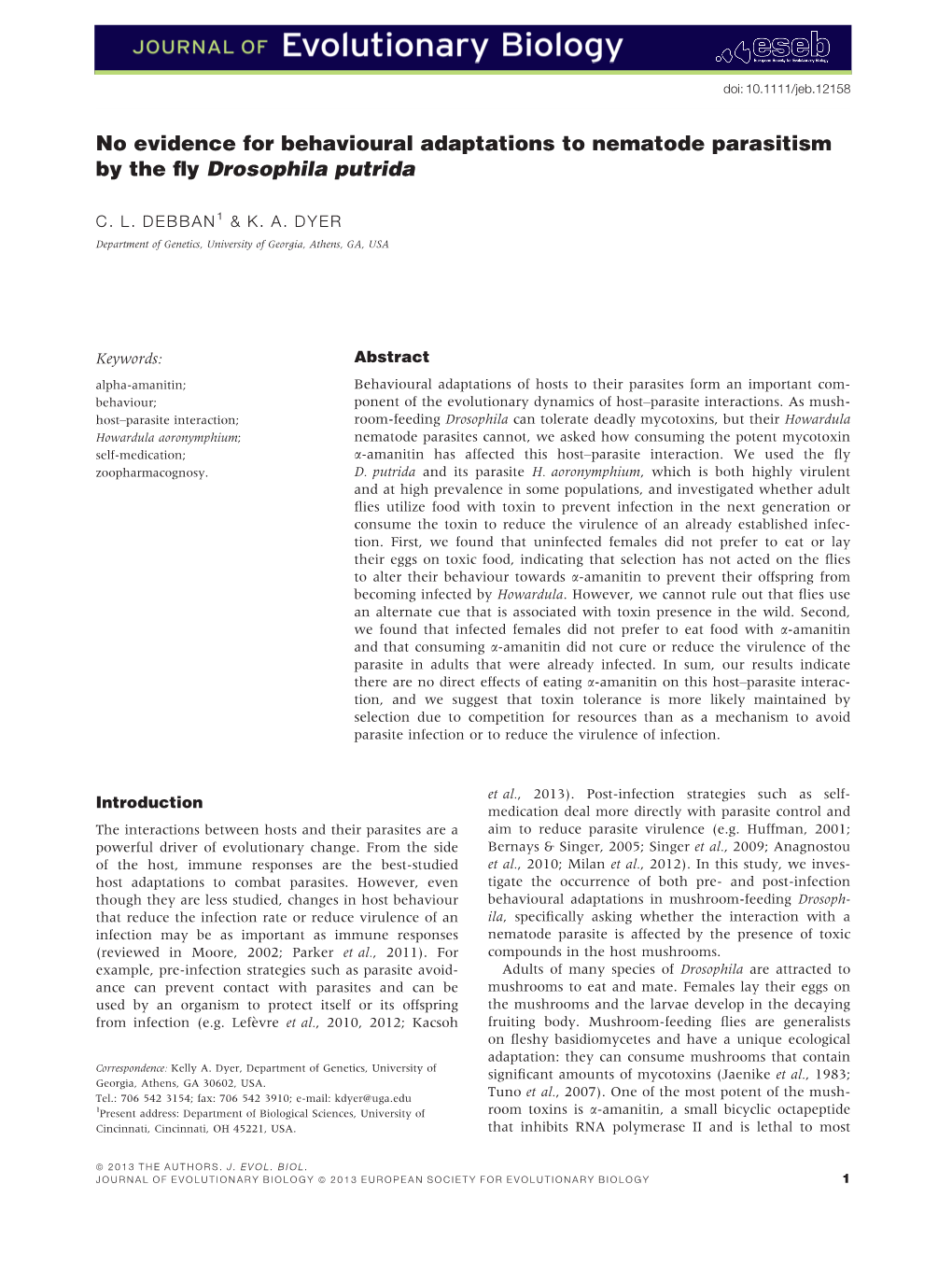 No Evidence for Behavioural Adaptations to Nematode Parasitism by the ﬂy Drosophila Putrida
