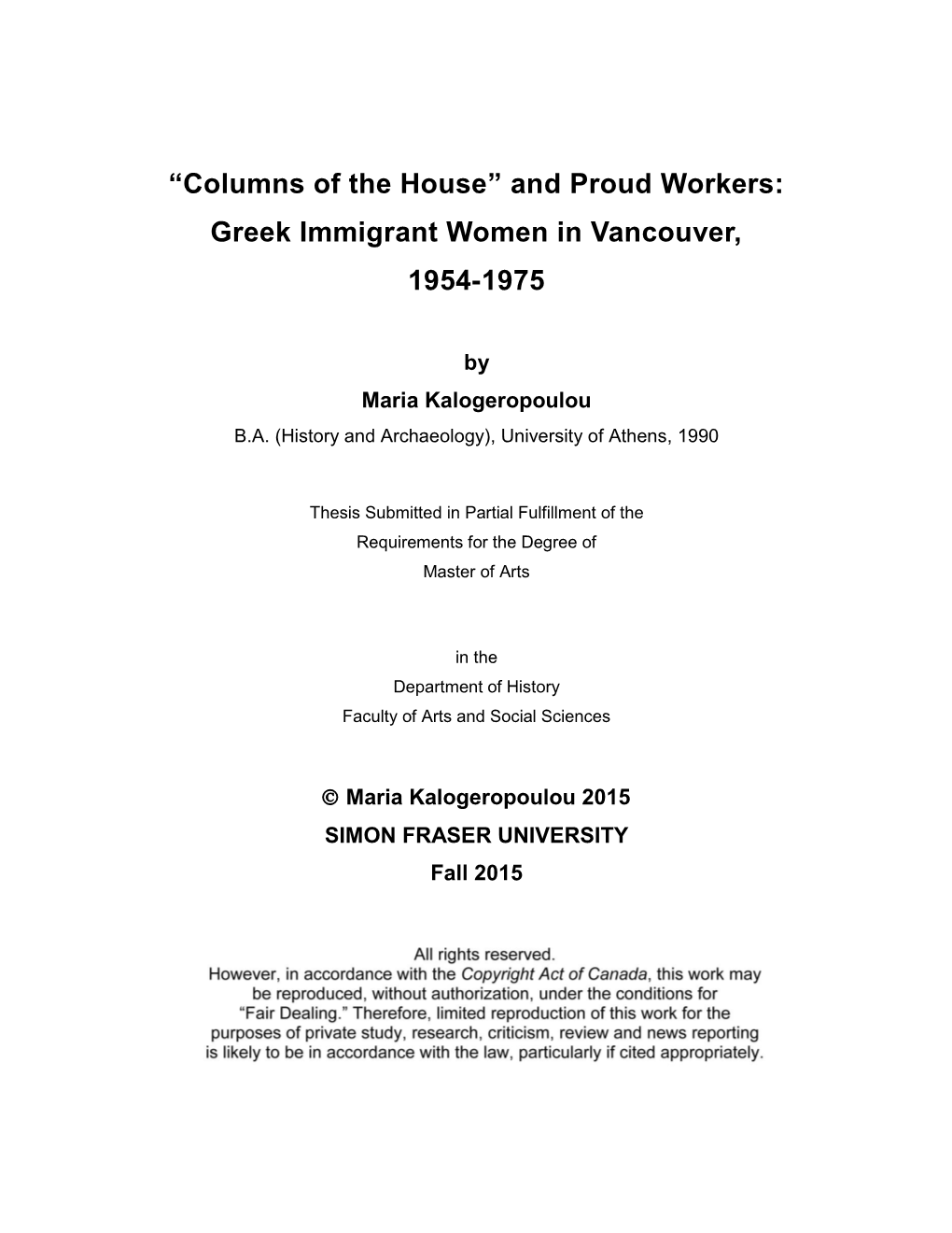 And Proud Workers: Greek Immigrant Women in Vancouver, 1954-1975