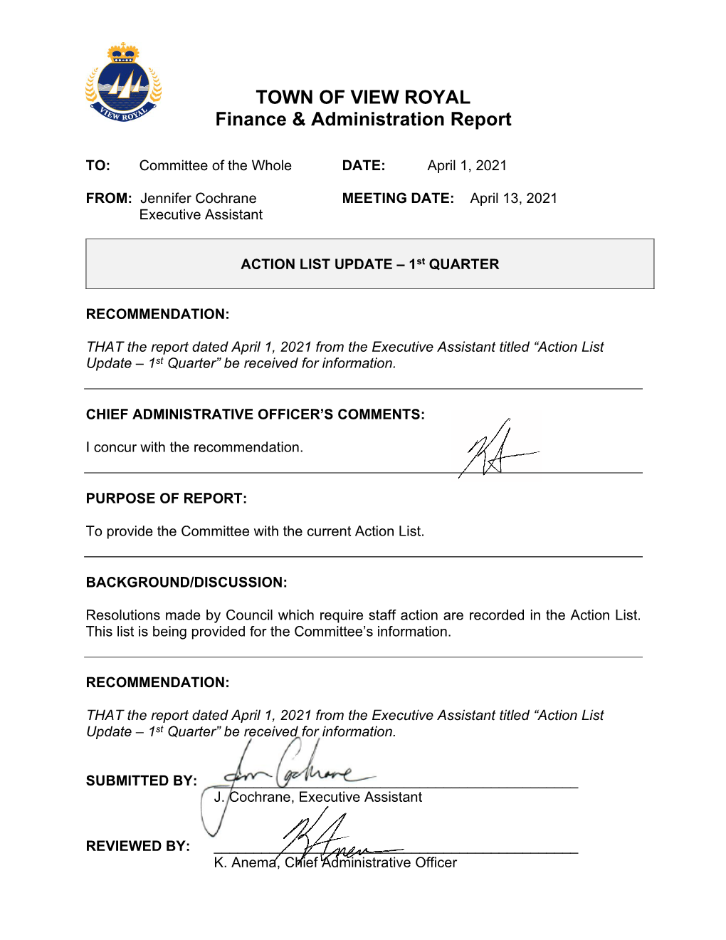 TOWN of VIEW ROYAL Finance & Administration Report