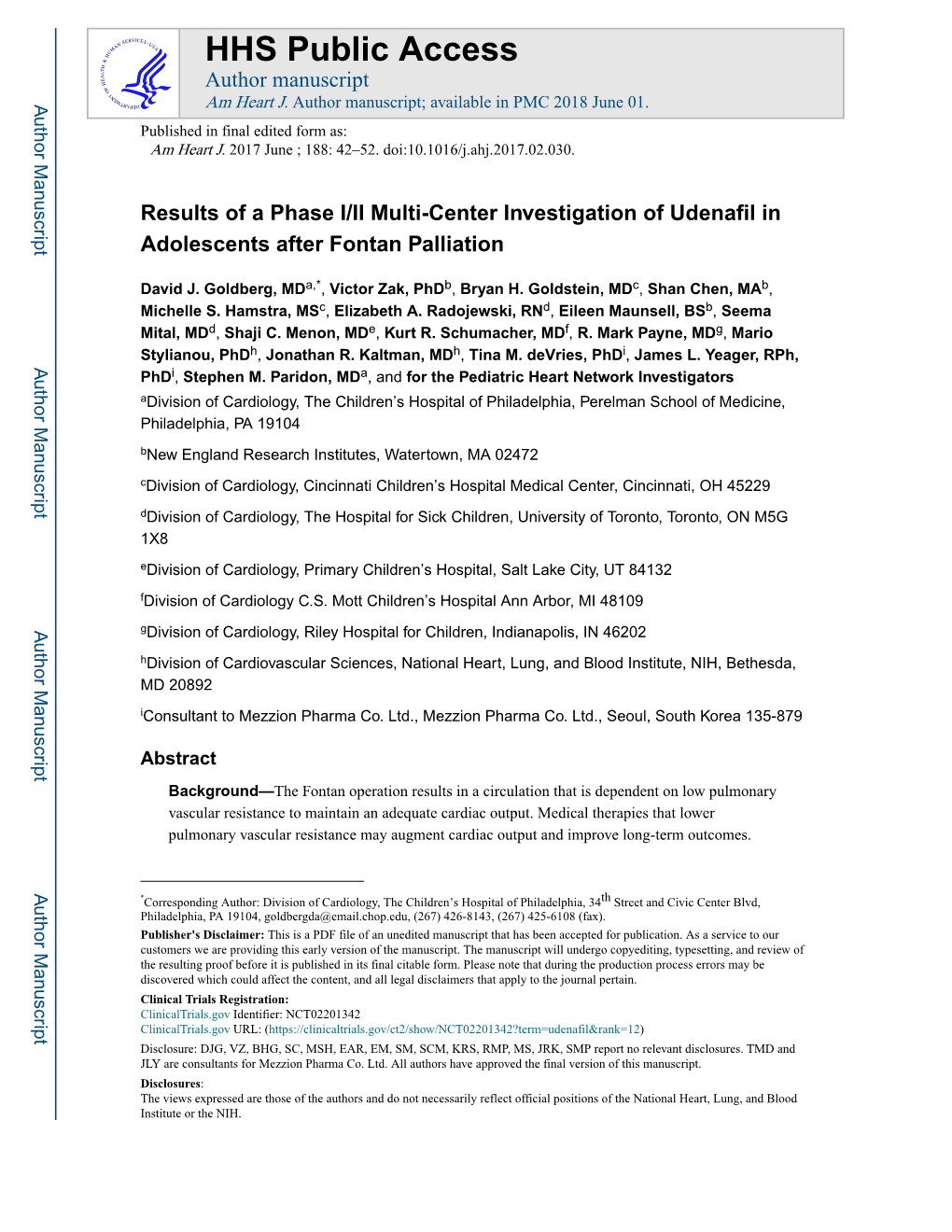 Results of a Phase I/II Multi-Center Investigation of Udenafil in Adolescents After Fontan Palliation