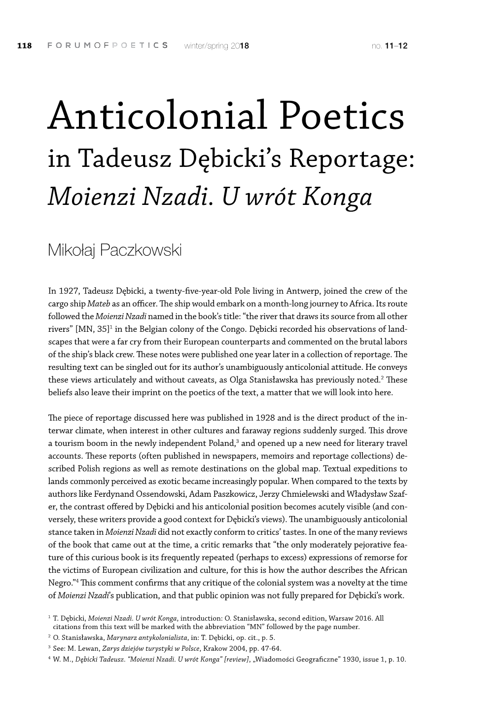 Anticolonial Poetics in Tadeusz Dębicki’S Reportage: Moienzi Nzadi
