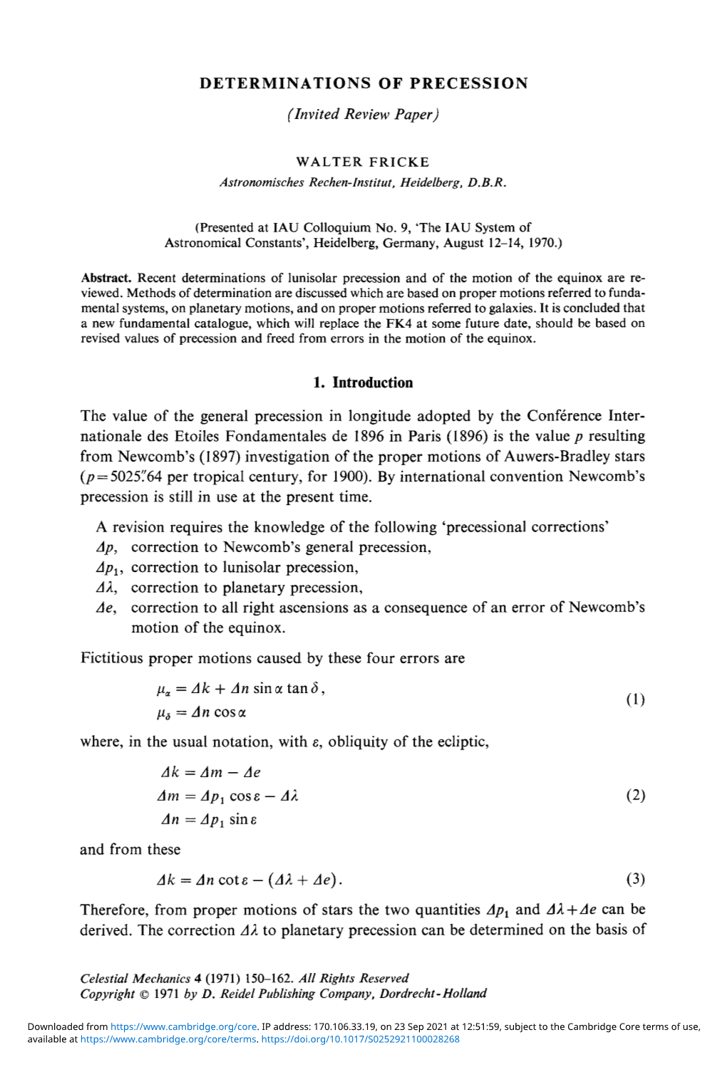 DETERMINATIONS of PRECESSION 1. Introduction the Value of The