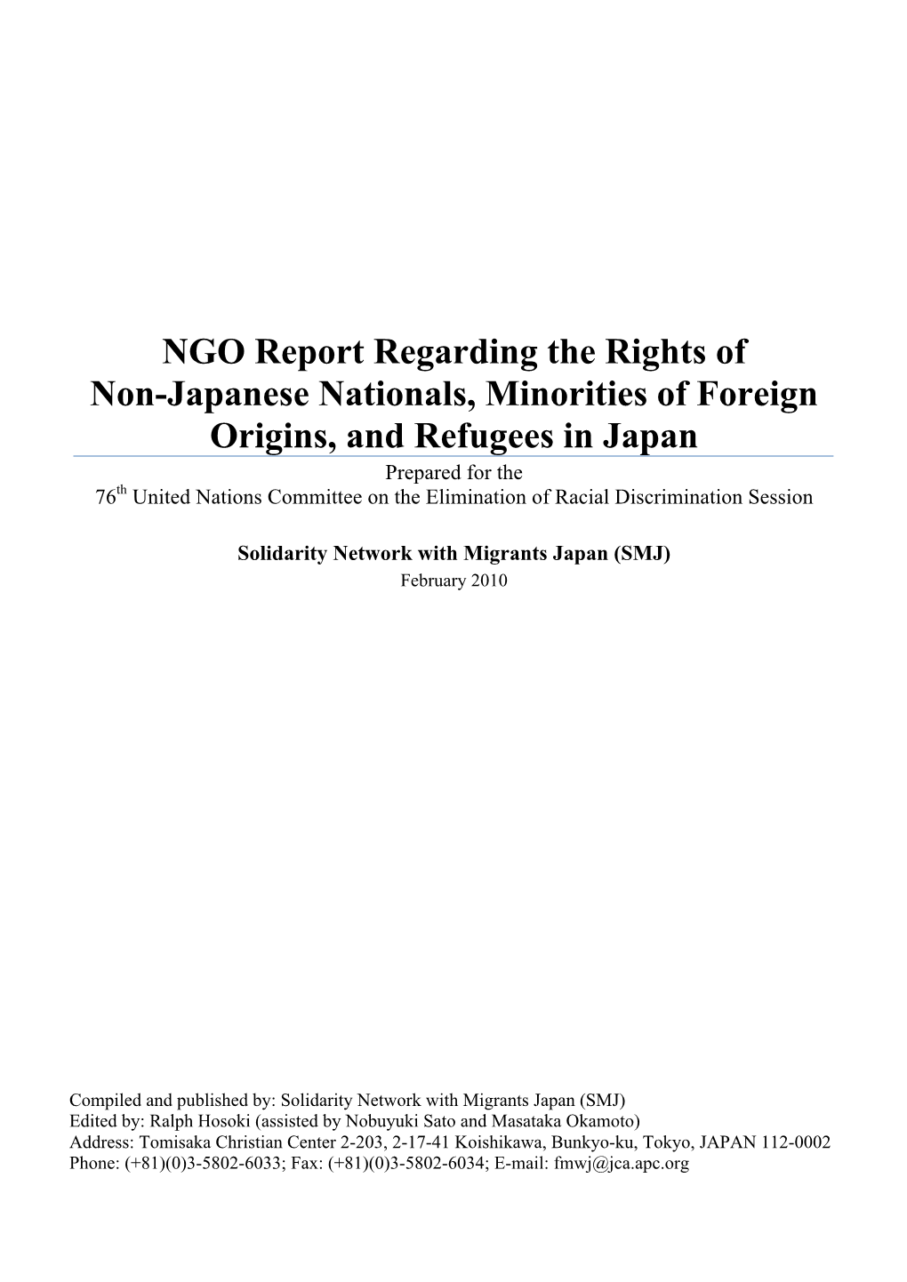 NGO Report Regarding the Rights of Non-Japanese Nationals, Minorities