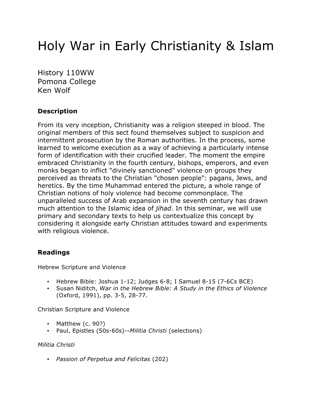 Holy War in Early Christianity & Islam