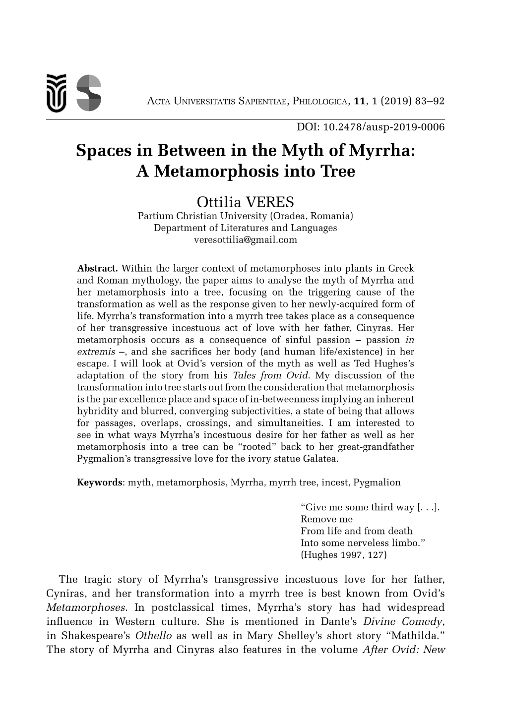 Spaces in Between in the Myth of Myrrha: a Metamorphosis Into Tree