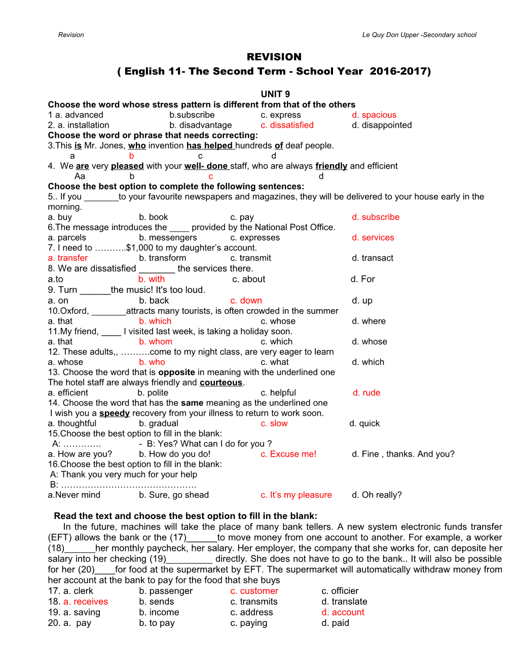 English 11- the Second Term - School Year 2016-2017