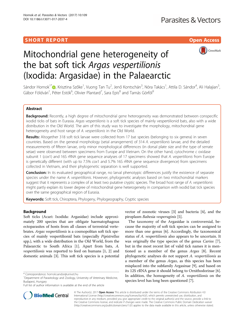 Mitochondrial Gene Heterogeneity of the Bat Soft Tick Argas Vespertilionis