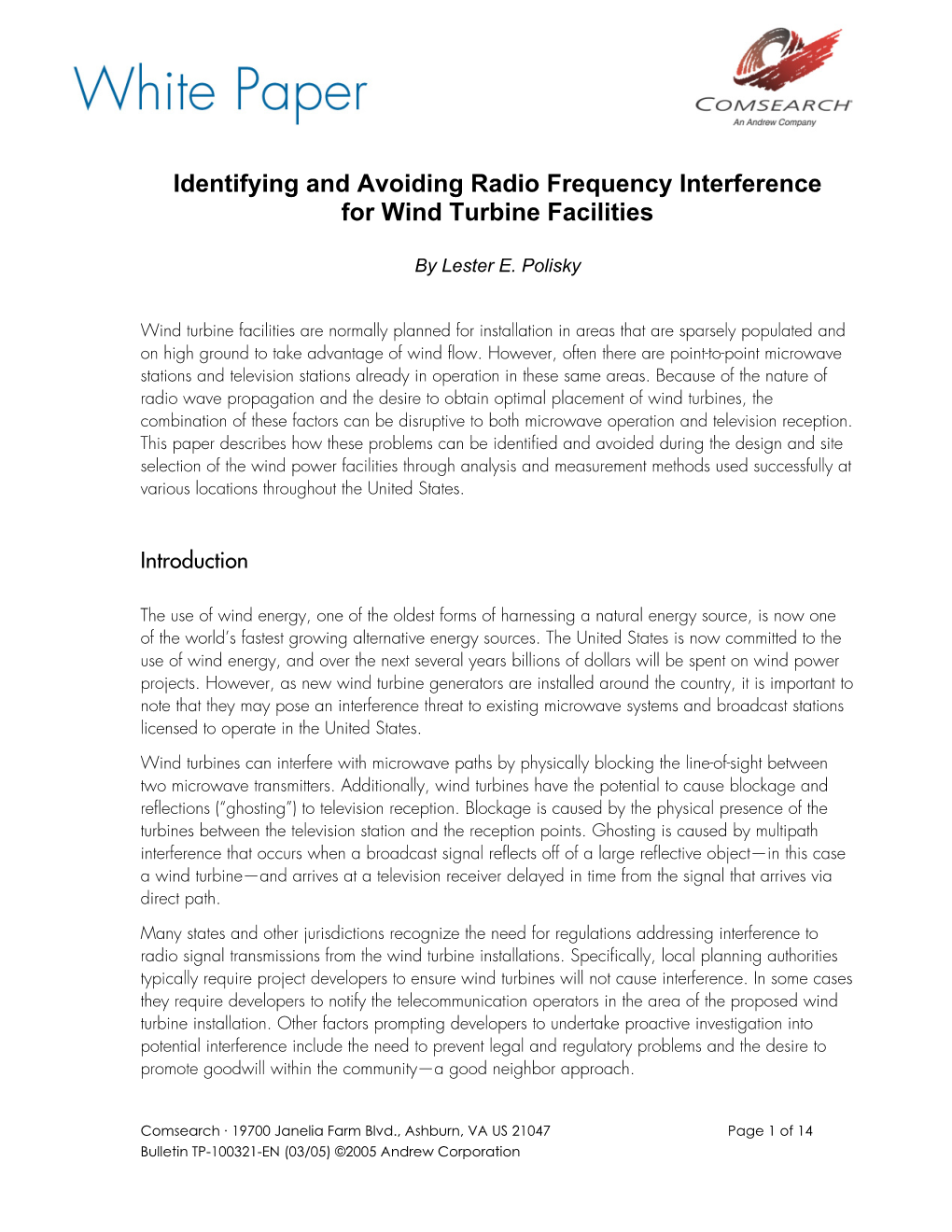 Identifying and Avoiding Radio Frequency Interference for Wind Turbine Facilities