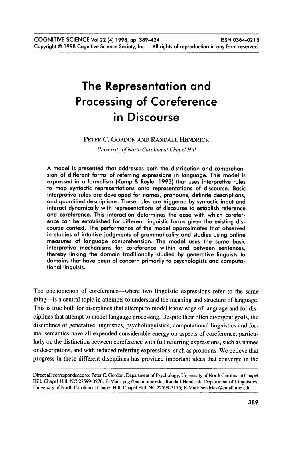 The Representation and Processing of Coreference in Discourse