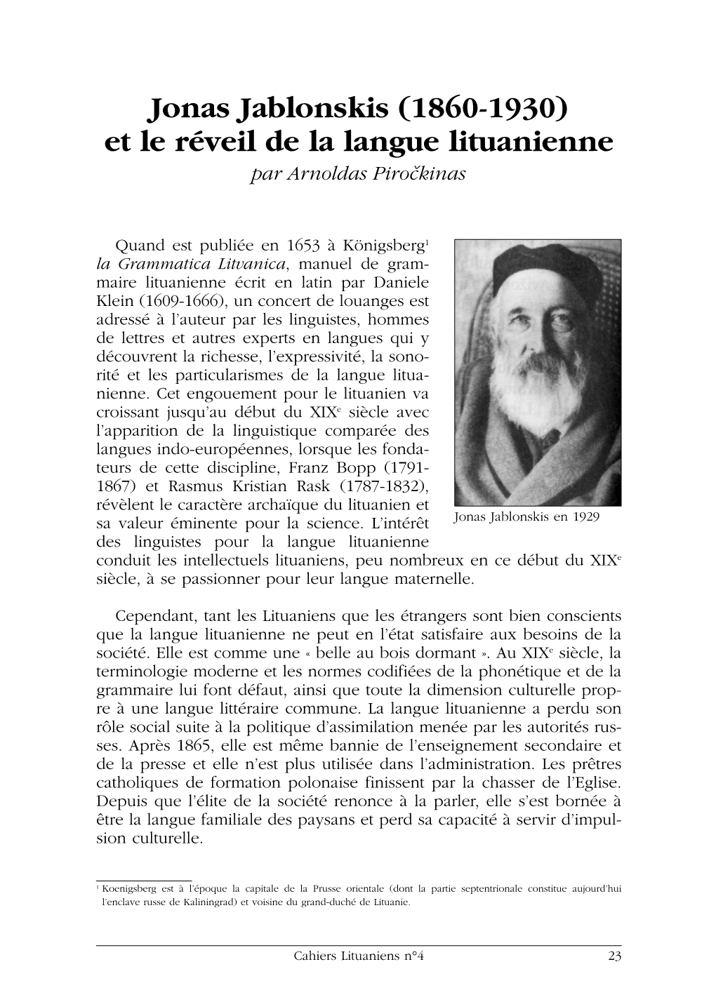 Jonas Jablonskis (1860-1930) Et Le Réveil De La Langue Lituanienne Par Arnoldas Piroãkinas