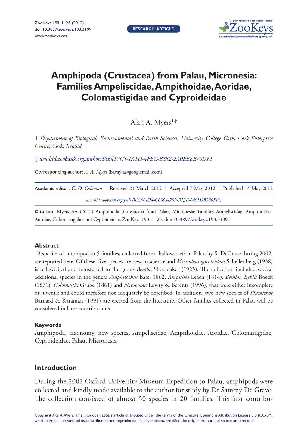 Families Ampeliscidae, Ampithoidae, Aoridae, Colomastigidae and Cyproideidae