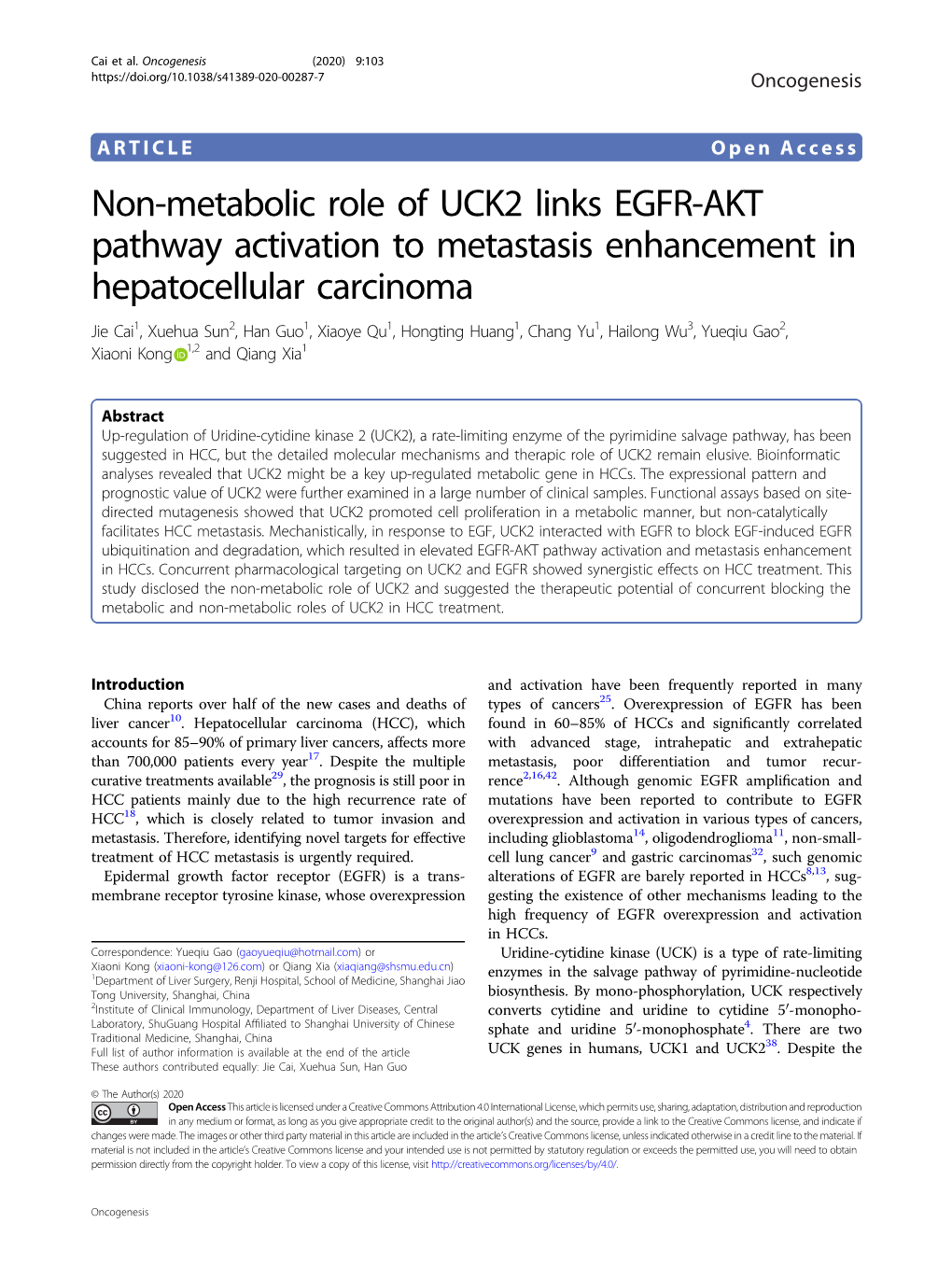 Non-Metabolic Role of UCK2 Links EGFR-AKT Pathway Activation To