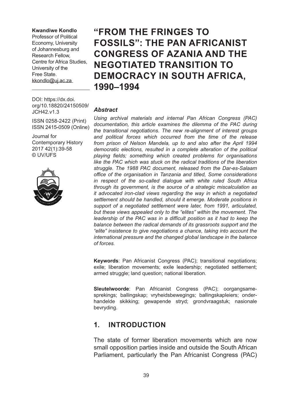 The Pan Africanist Congress of Azania and the Negotiated Transition To