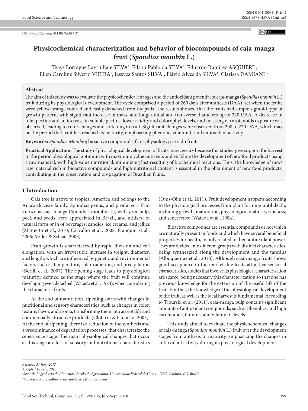 Physicochemical Characterization and Behavior of Biocompounds of Caja-Manga Fruit (Spondias Mombin