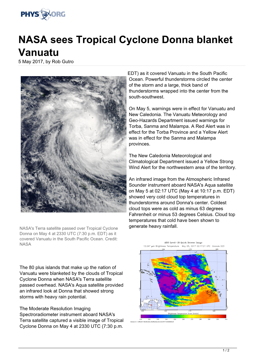 NASA Sees Tropical Cyclone Donna Blanket Vanuatu 5 May 2017, by Rob Gutro