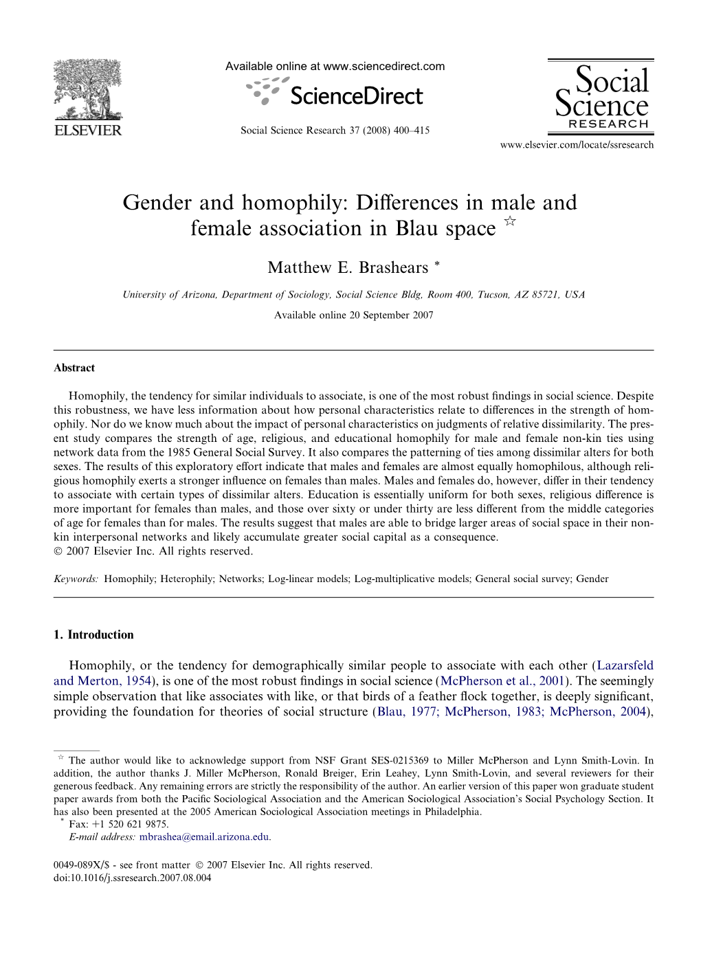 Gender and Homophily: Differences in Male and Female Association In