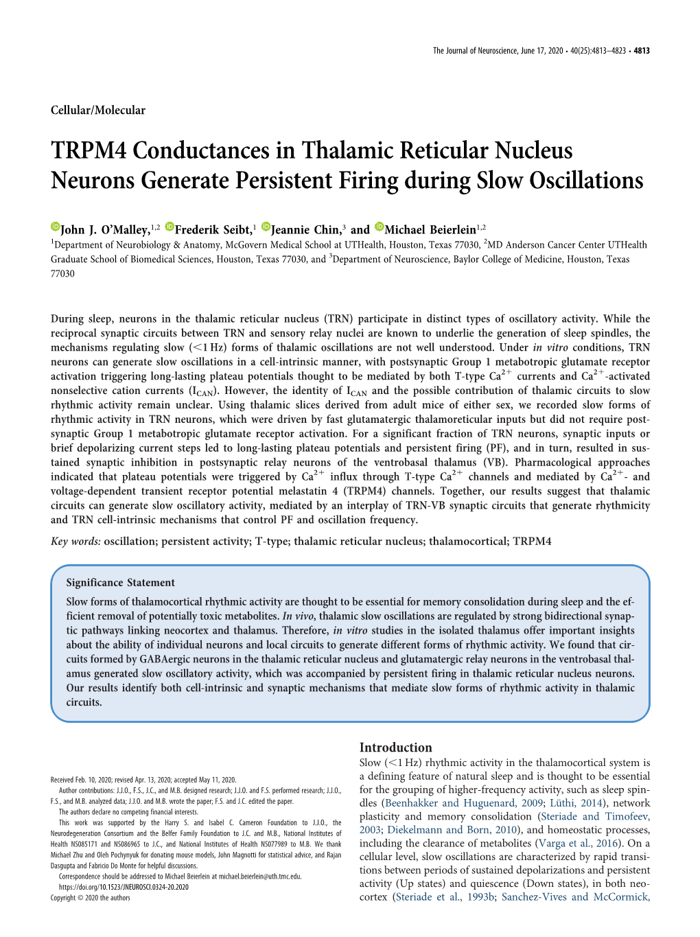 TRPM4 Conductances in Thalamic Reticular Nucleus Neurons Generate Persistent Firing During Slow Oscillations