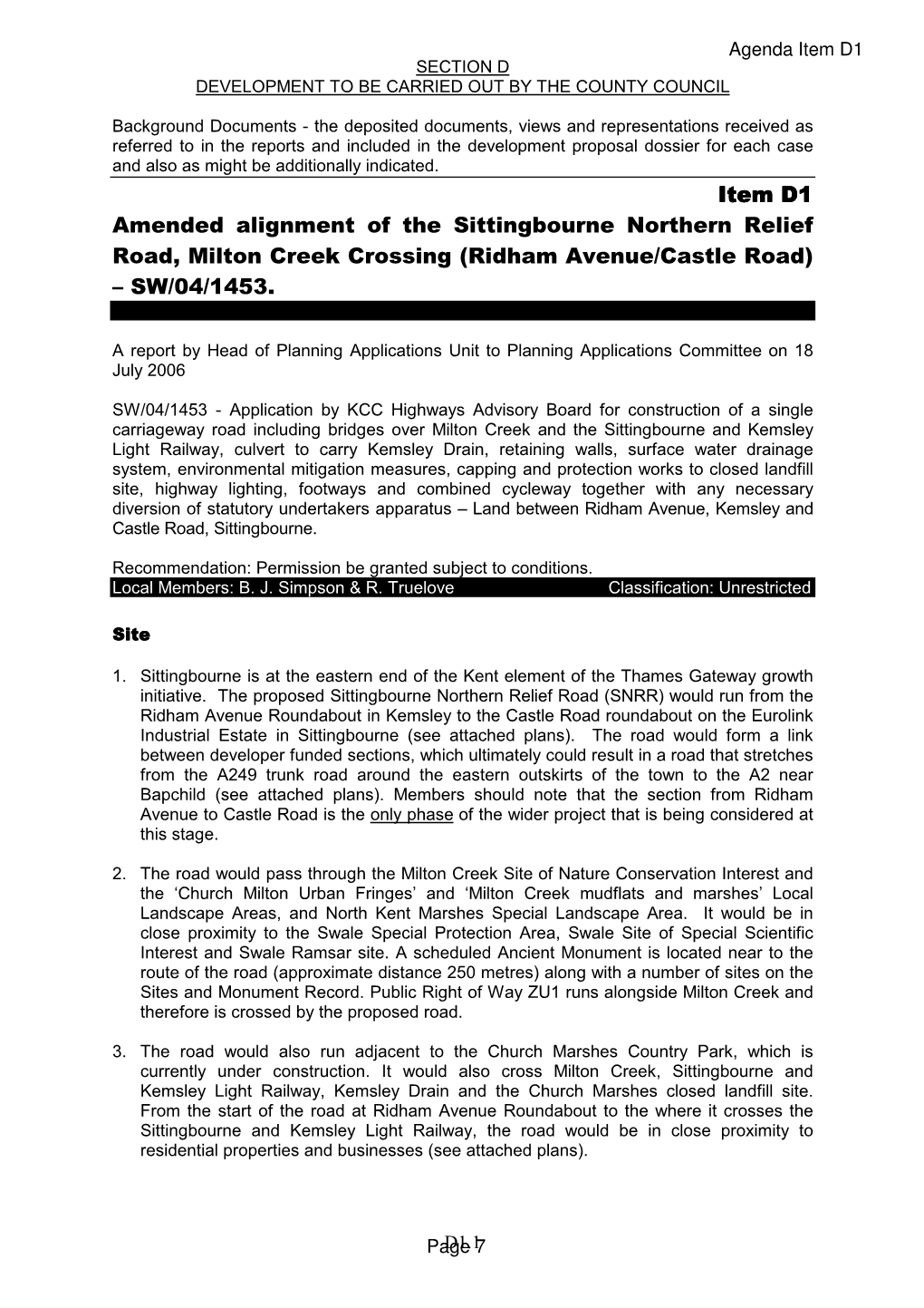 Item D1 Amended Alignment of the Sittingbourne Northern Relief Road, Milton Creek Crossing (Ridham Avenue/Castle Road) – SW/04/1453