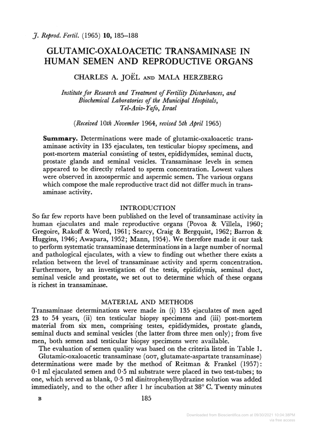 Glutamic-Oxaloacetic Transaminase in Human Semen and Reproductive Organs