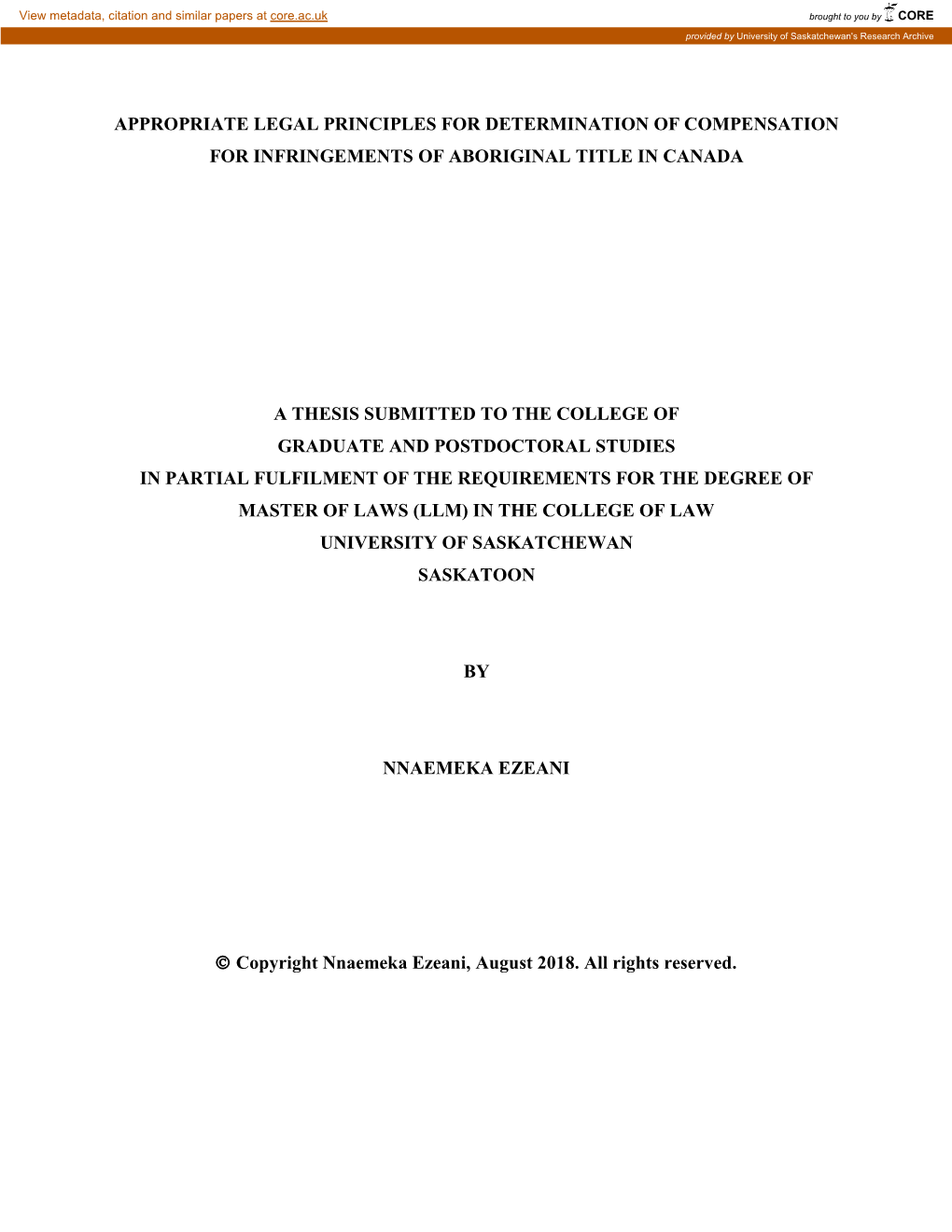 Appropriate Legal Principles for Determination of Compensation for Infringements of Aboriginal Title in Canada