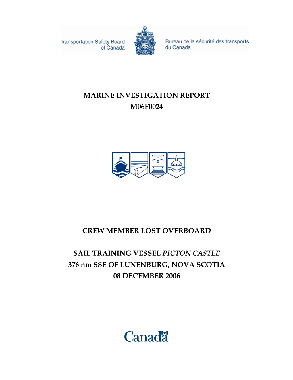 Marine Investigation Report M06f0024 Crew Member Lost