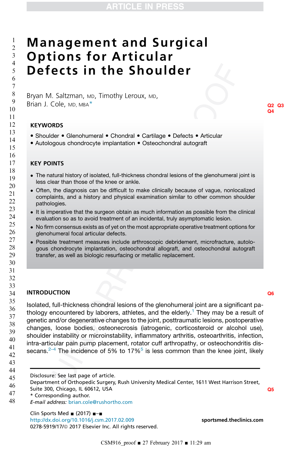 Management and Surgical Options for Articular Defects in the Shoulder