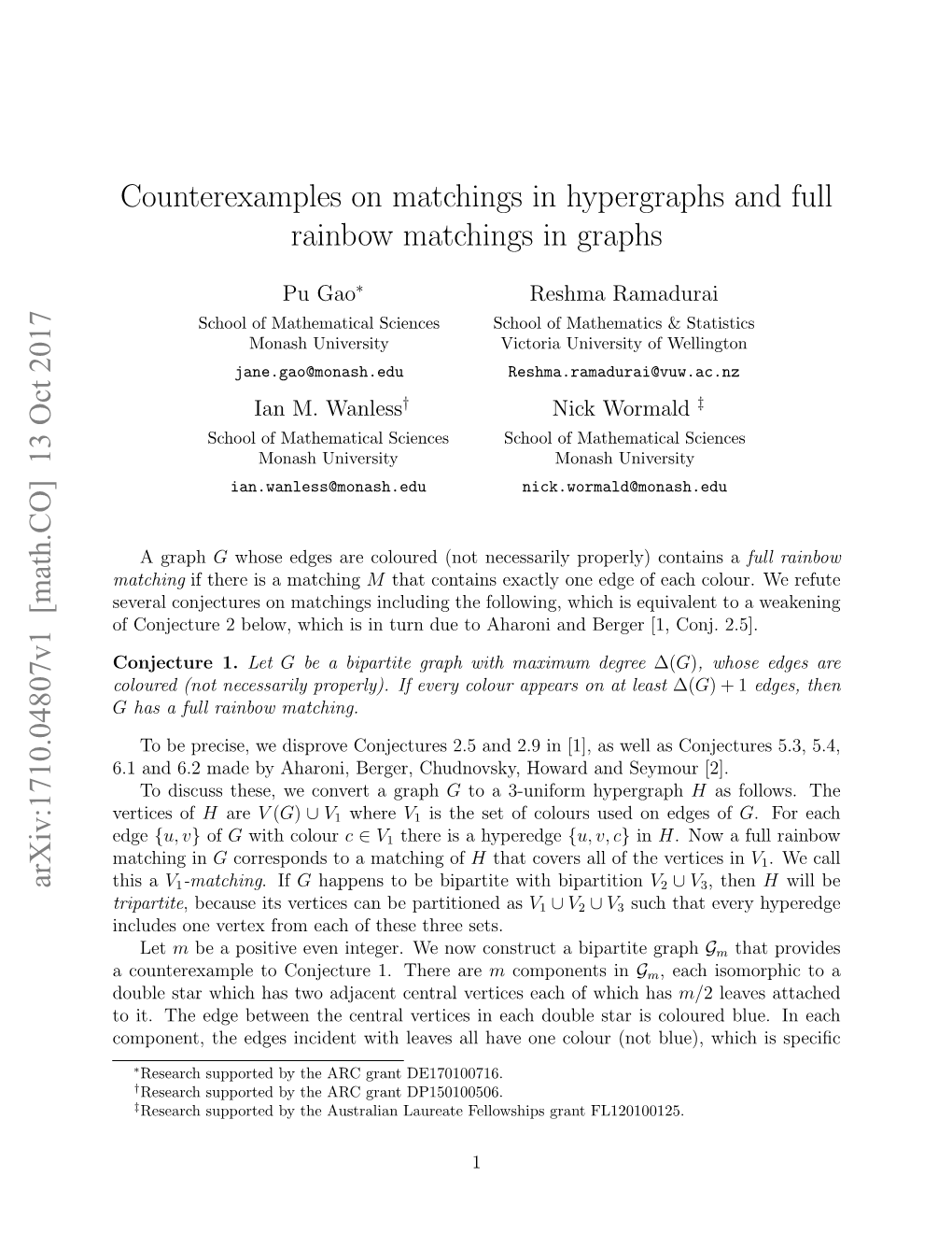 Counterexamples on Matchings in Hypergraphs and Full Rainbow Matchings in Graphs