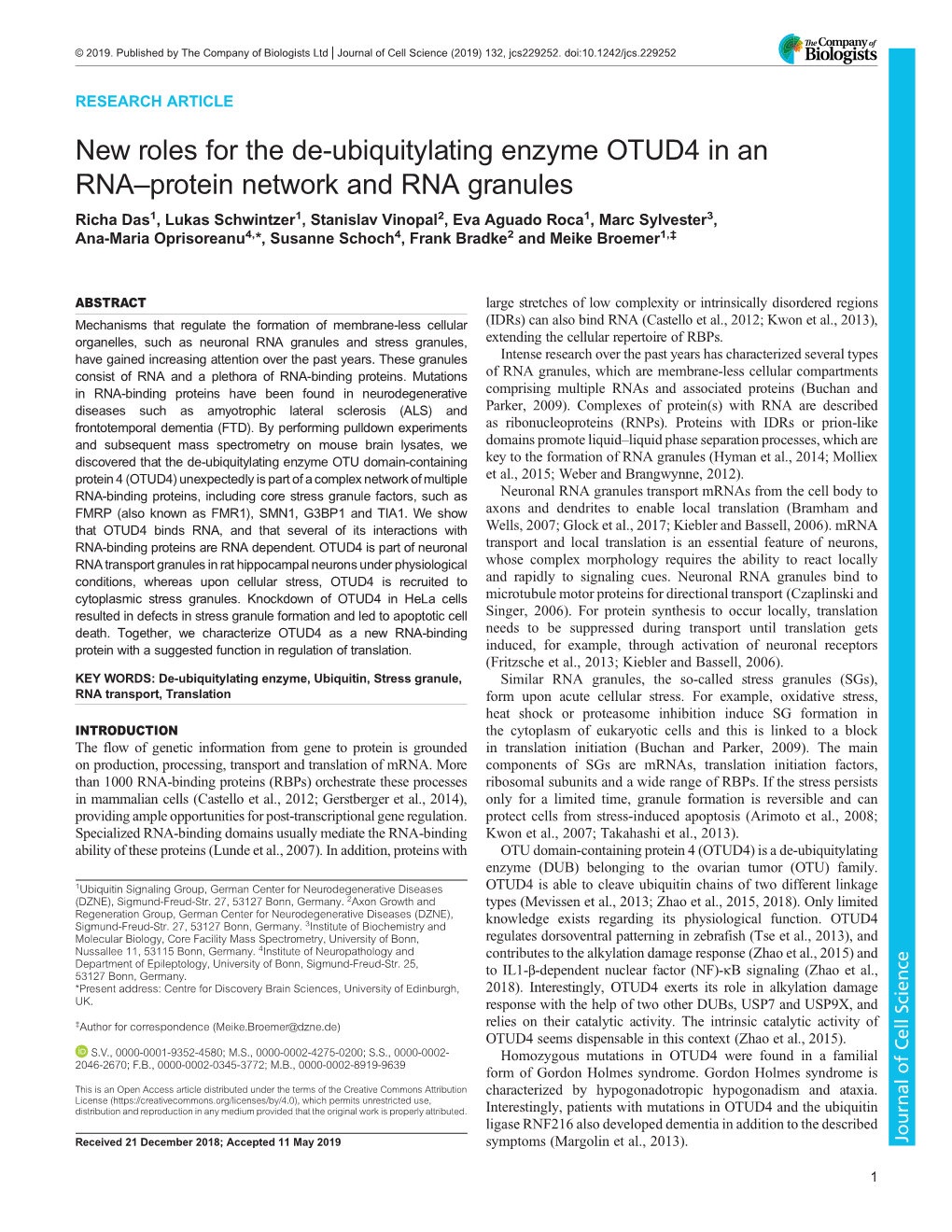 New Roles for the De-Ubiquitylating Enzyme OTUD4 in an RNA–Protein