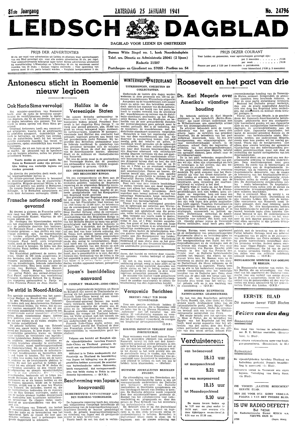 LEIDSCH DAGBLAD - Eerste Blad Zaterdag 25 Januari 1941 INSCHRIJVING VAN LEERLINGEN VOOR STADSNIEUWS Ofhrieele Kennisgevingen OPENBARE LAGERE SCHOLEN