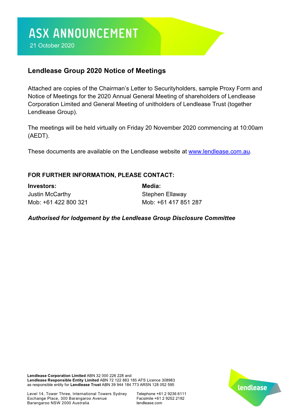 Lendlease Group 2020 Notice of Meetings