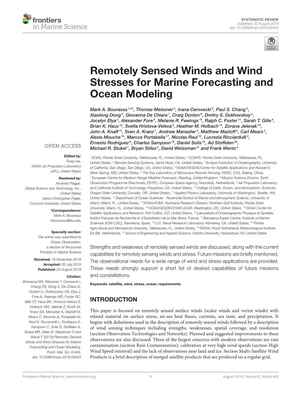 Remotely Sensed Winds and Wind Stresses for Marine Forecasting and Ocean Modeling